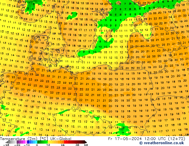 Temperatuurkaart (2m) UK-Global vr 17.05.2024 12 UTC