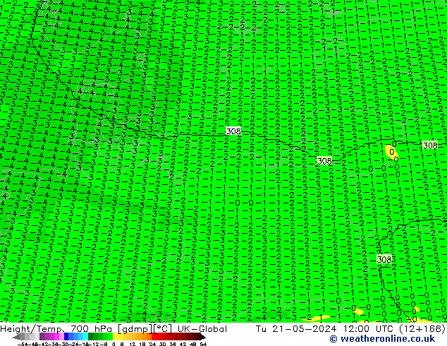 Height/Temp. 700 hPa UK-Global wto. 21.05.2024 12 UTC