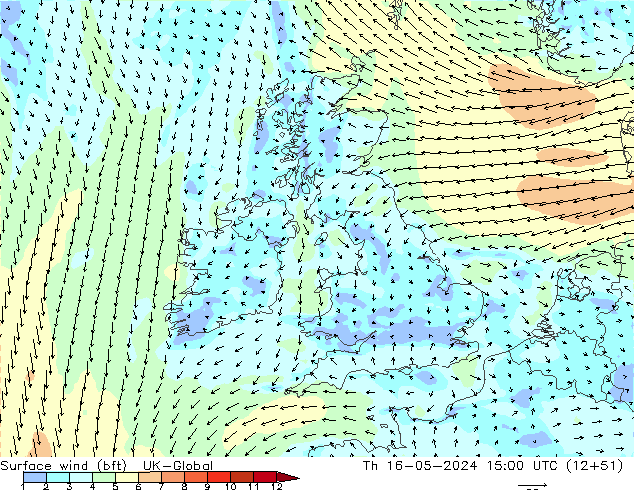 Wind 10 m (bft) UK-Global do 16.05.2024 15 UTC
