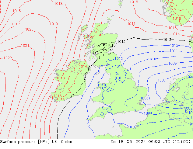Pressione al suolo UK-Global sab 18.05.2024 06 UTC