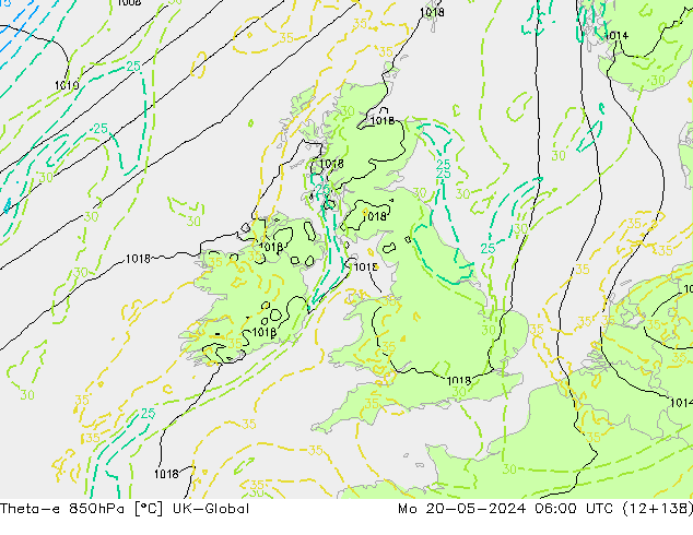 Theta-e 850hPa UK-Global ma 20.05.2024 06 UTC