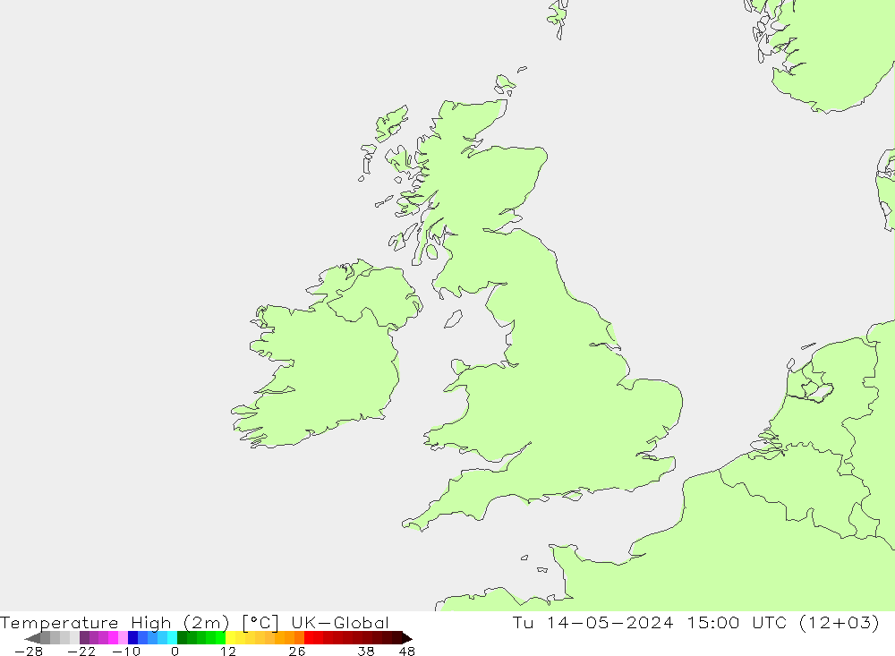 Temperature High (2m) UK-Global Tu 14.05.2024 15 UTC