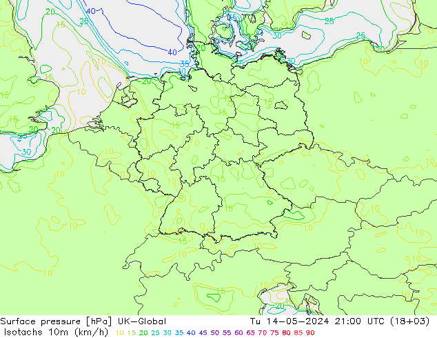 10米等风速线 (kph) UK-Global 星期二 14.05.2024 21 UTC