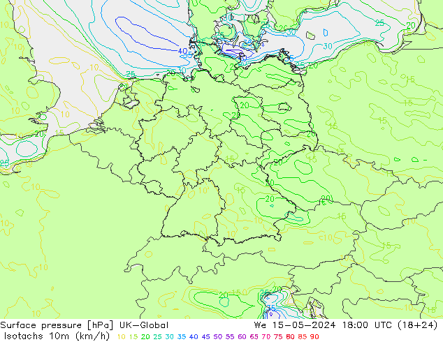 10米等风速线 (kph) UK-Global 星期三 15.05.2024 18 UTC