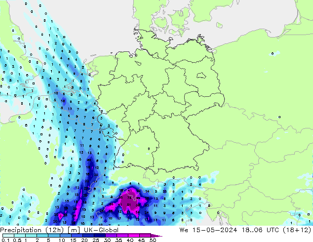 降水量 (12h) UK-Global 星期三 15.05.2024 06 UTC
