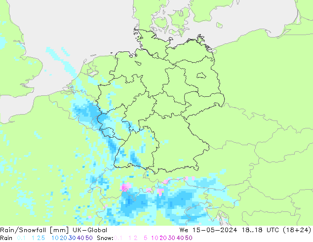 Rain/Snowfall UK-Global 星期三 15.05.2024 18 UTC