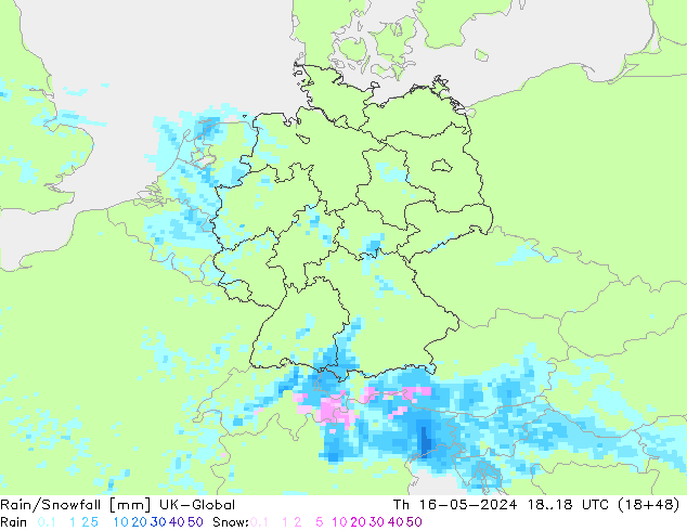 Rain/Snowfall UK-Global Th 16.05.2024 18 UTC