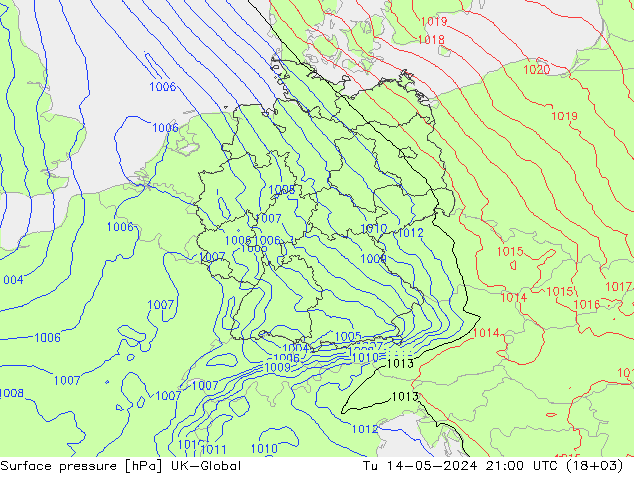 Surface pressure UK-Global Tu 14.05.2024 21 UTC