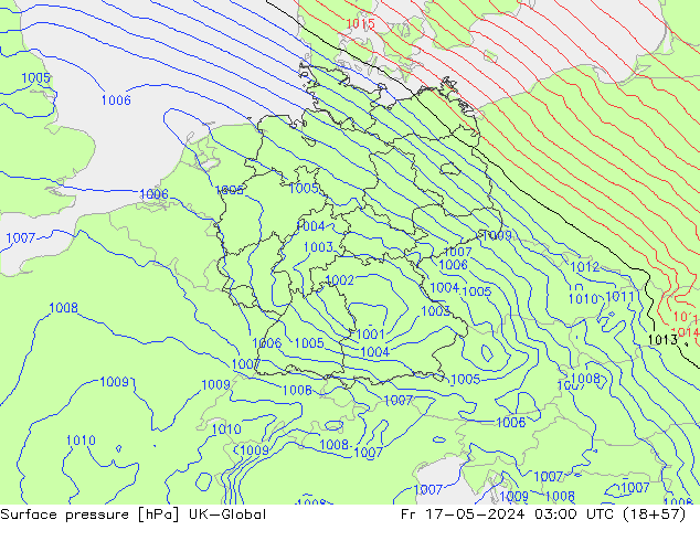 Pressione al suolo UK-Global ven 17.05.2024 03 UTC