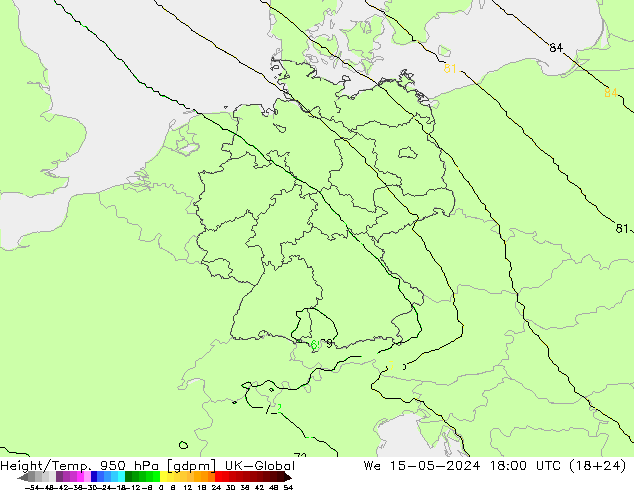 Height/Temp. 950 hPa UK-Global Mi 15.05.2024 18 UTC