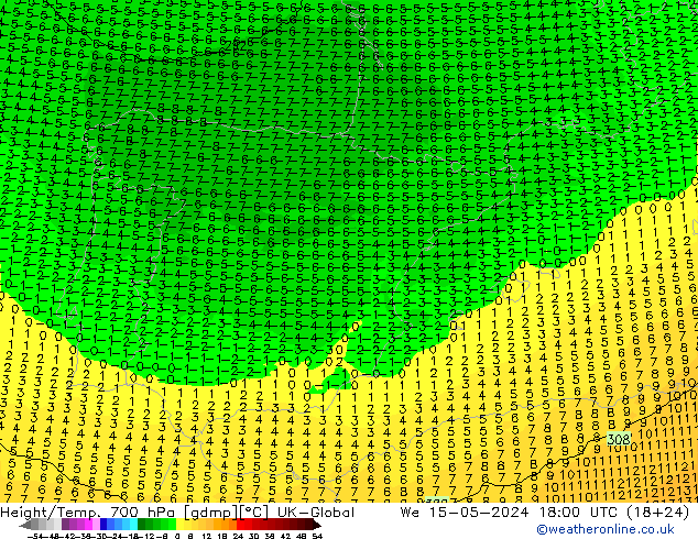 Height/Temp. 700 hPa UK-Global Mi 15.05.2024 18 UTC