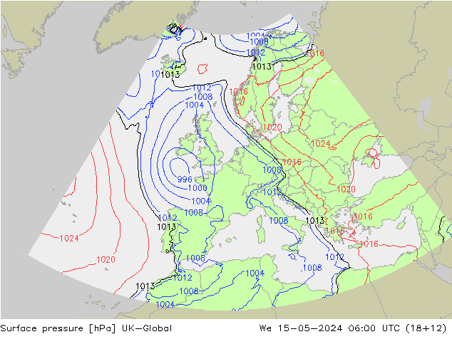 Pressione al suolo UK-Global mer 15.05.2024 06 UTC