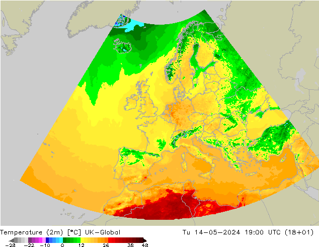 mapa temperatury (2m) UK-Global wto. 14.05.2024 19 UTC