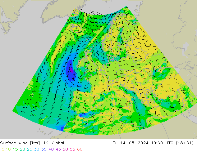 Surface wind UK-Global Tu 14.05.2024 19 UTC