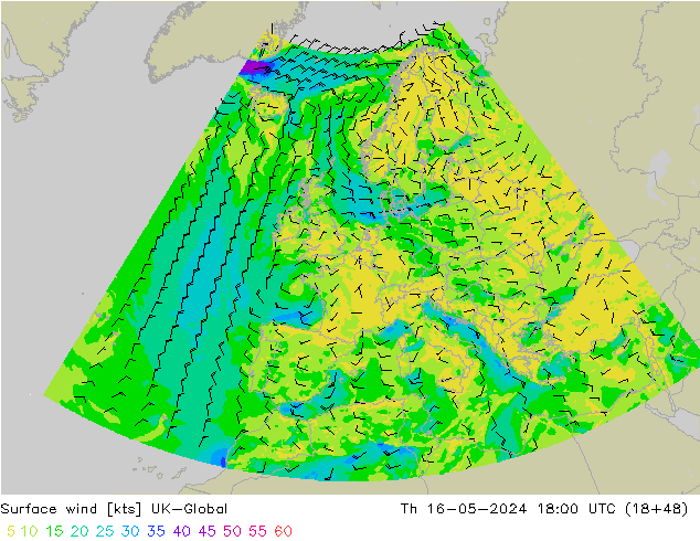 Surface wind UK-Global Čt 16.05.2024 18 UTC