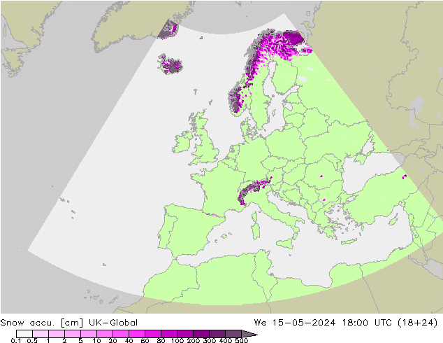 Snow accu. UK-Global 星期三 15.05.2024 18 UTC