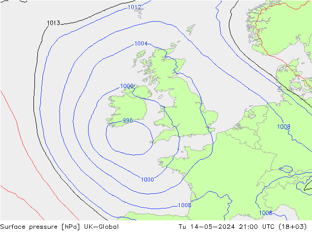 Surface pressure UK-Global Tu 14.05.2024 21 UTC