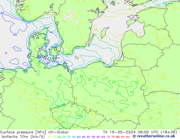 Isotachen (km/h) UK-Global do 16.05.2024 06 UTC