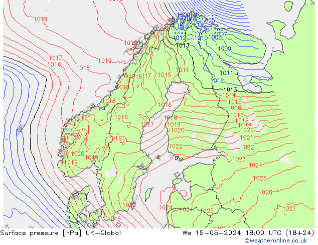地面气压 UK-Global 星期三 15.05.2024 18 UTC