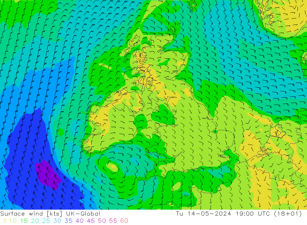 Surface wind UK-Global Tu 14.05.2024 19 UTC