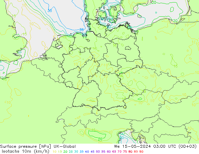 10米等风速线 (kph) UK-Global 星期三 15.05.2024 03 UTC