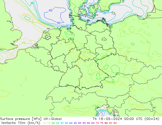 10米等风速线 (kph) UK-Global 星期四 16.05.2024 00 UTC