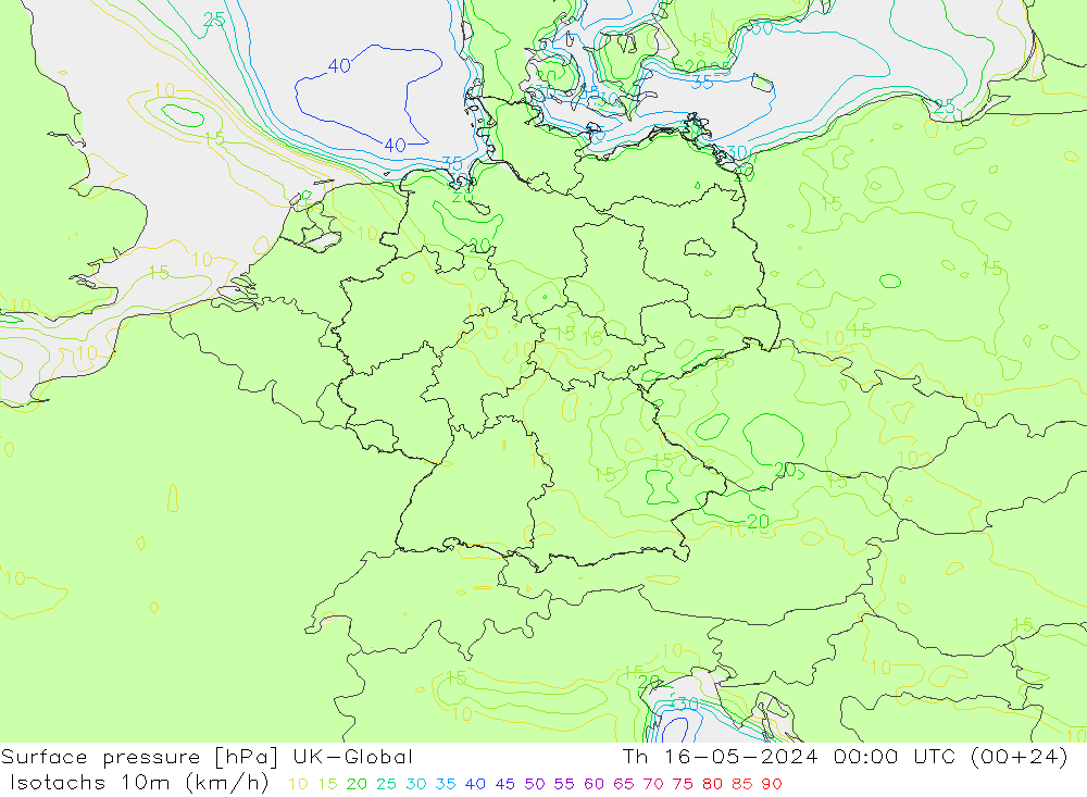 10米等风速线 (kph) UK-Global 星期四 16.05.2024 00 UTC