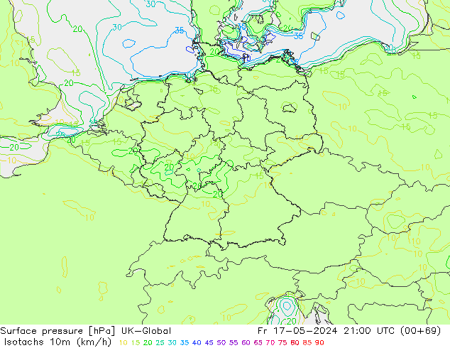 Isotachen (km/h) UK-Global vr 17.05.2024 21 UTC