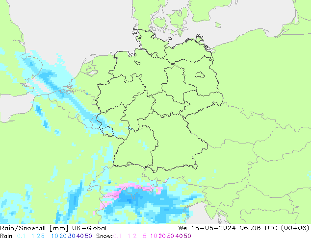 Regen/Sneeuwval UK-Global wo 15.05.2024 06 UTC