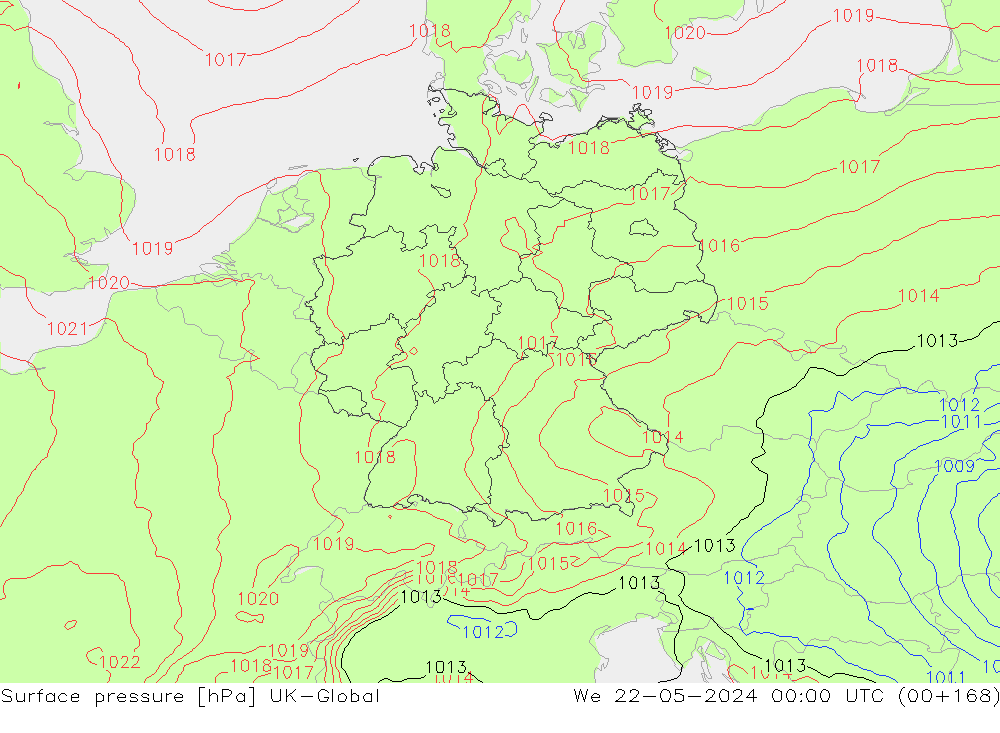 Pressione al suolo UK-Global mer 22.05.2024 00 UTC