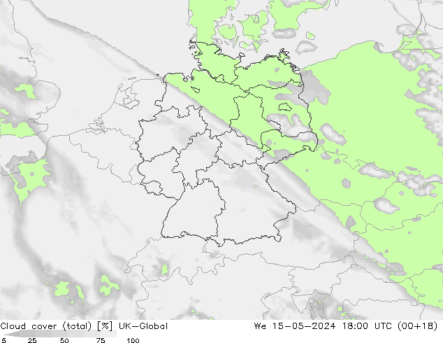 Cloud cover (total) UK-Global We 15.05.2024 18 UTC
