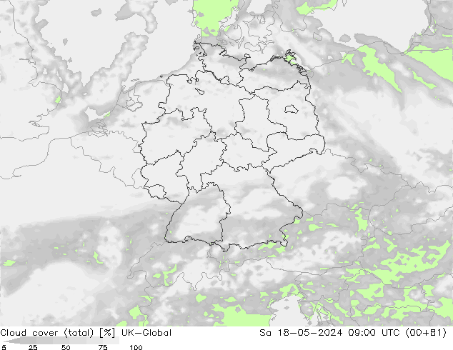 Bewolking (Totaal) UK-Global za 18.05.2024 09 UTC