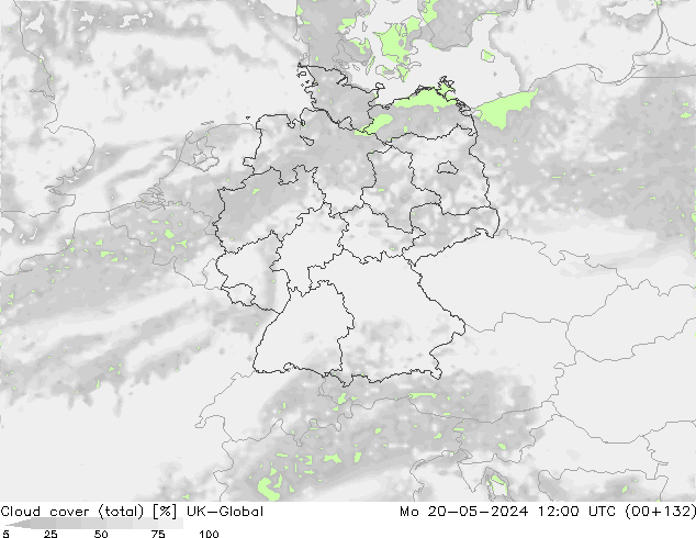 Cloud cover (total) UK-Global Po 20.05.2024 12 UTC