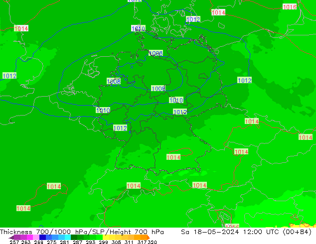 Dikte700-1000 hPa UK-Global za 18.05.2024 12 UTC