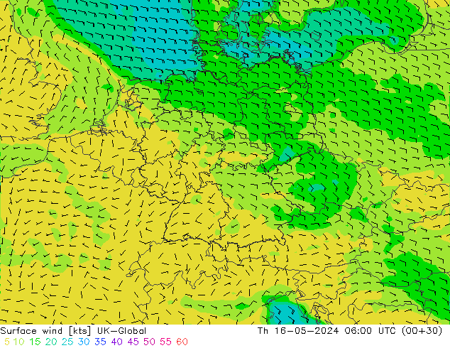 Surface wind UK-Global Th 16.05.2024 06 UTC