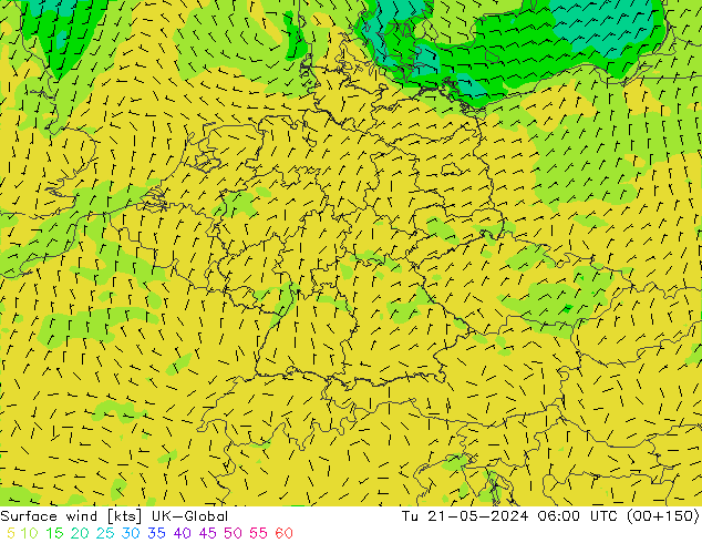 Surface wind UK-Global Út 21.05.2024 06 UTC