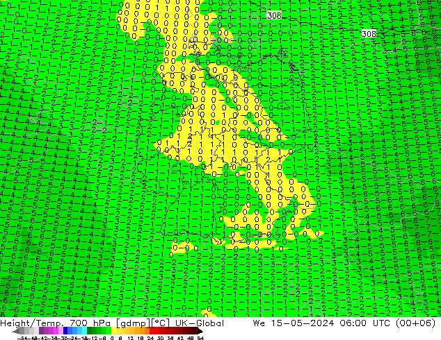 Height/Temp. 700 hPa UK-Global 星期三 15.05.2024 06 UTC