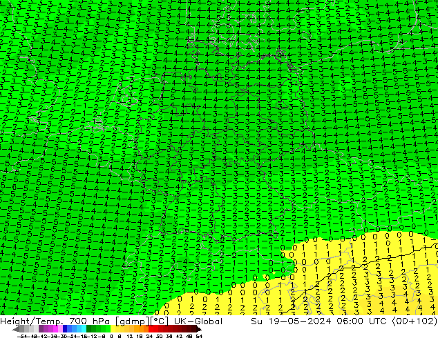 Height/Temp. 700 hPa UK-Global Ne 19.05.2024 06 UTC