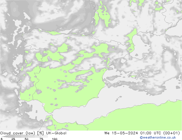 Cloud cover (low) UK-Global We 15.05.2024 01 UTC
