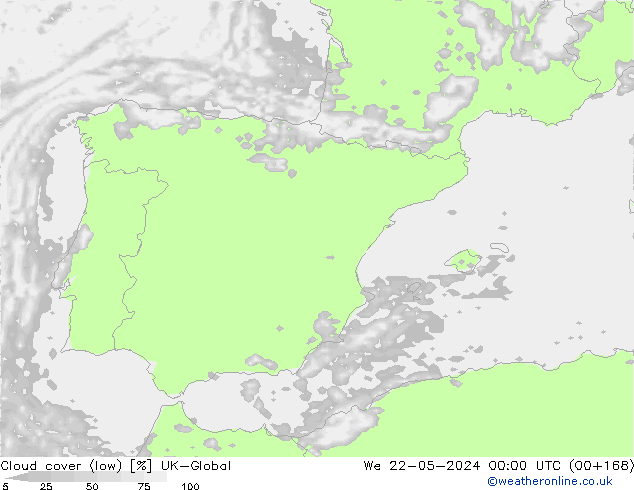 Bewolking (Laag) UK-Global wo 22.05.2024 00 UTC
