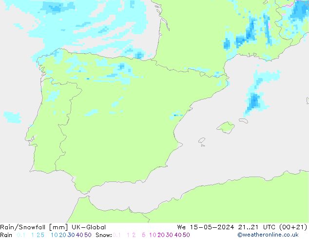 Rain/Snowfall UK-Global mer 15.05.2024 21 UTC