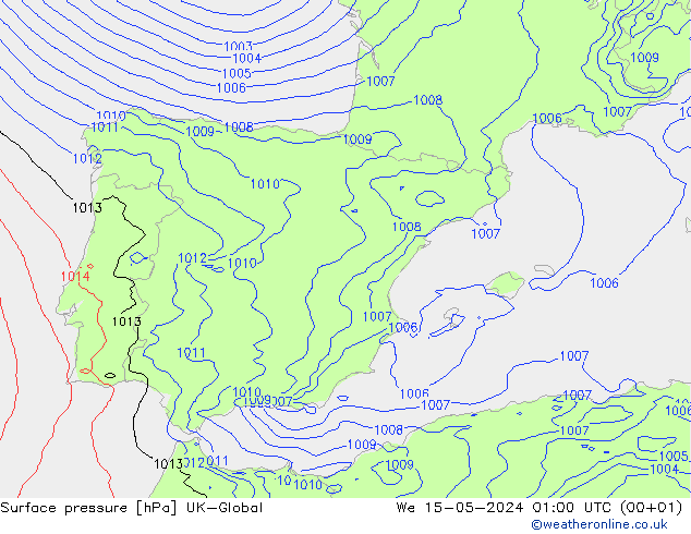 Pressione al suolo UK-Global mer 15.05.2024 01 UTC