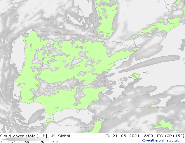 Cloud cover (total) UK-Global Út 21.05.2024 18 UTC