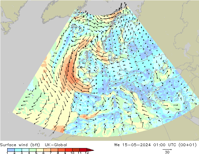 Surface wind (bft) UK-Global St 15.05.2024 01 UTC