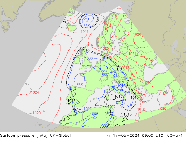 Pressione al suolo UK-Global ven 17.05.2024 09 UTC