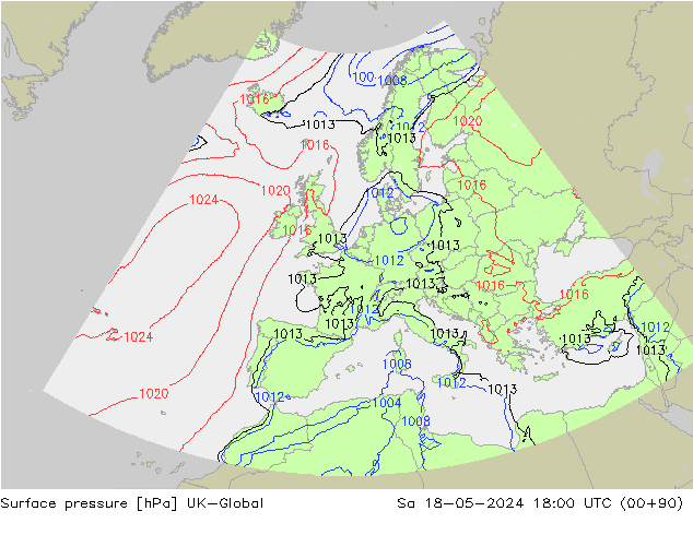 Atmosférický tlak UK-Global So 18.05.2024 18 UTC