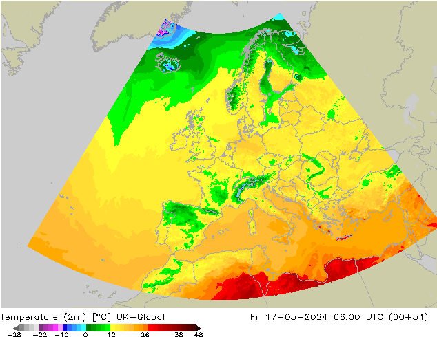 Temperatuurkaart (2m) UK-Global vr 17.05.2024 06 UTC