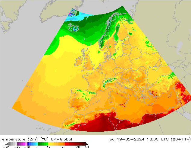 Temperatuurkaart (2m) UK-Global zo 19.05.2024 18 UTC