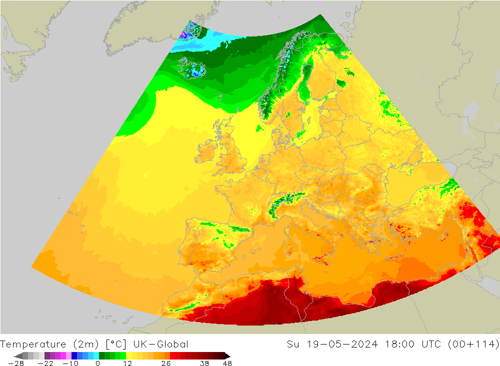 Temperatuurkaart (2m) UK-Global zo 19.05.2024 18 UTC