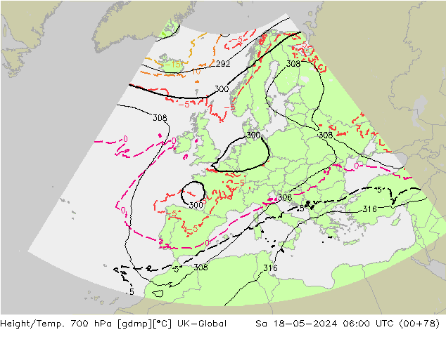 Height/Temp. 700 hPa UK-Global Sa 18.05.2024 06 UTC